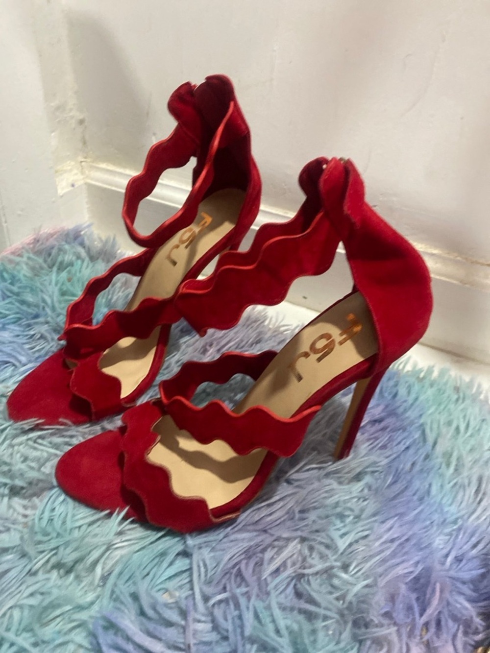 Red Wavy Strap High Heel Sandals